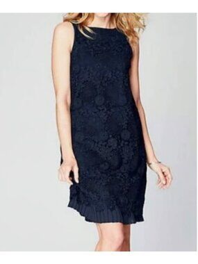 J.Jill Womens Sz M Navy Blue Sleeveless Crochet Shift Dress With Pleated Hem